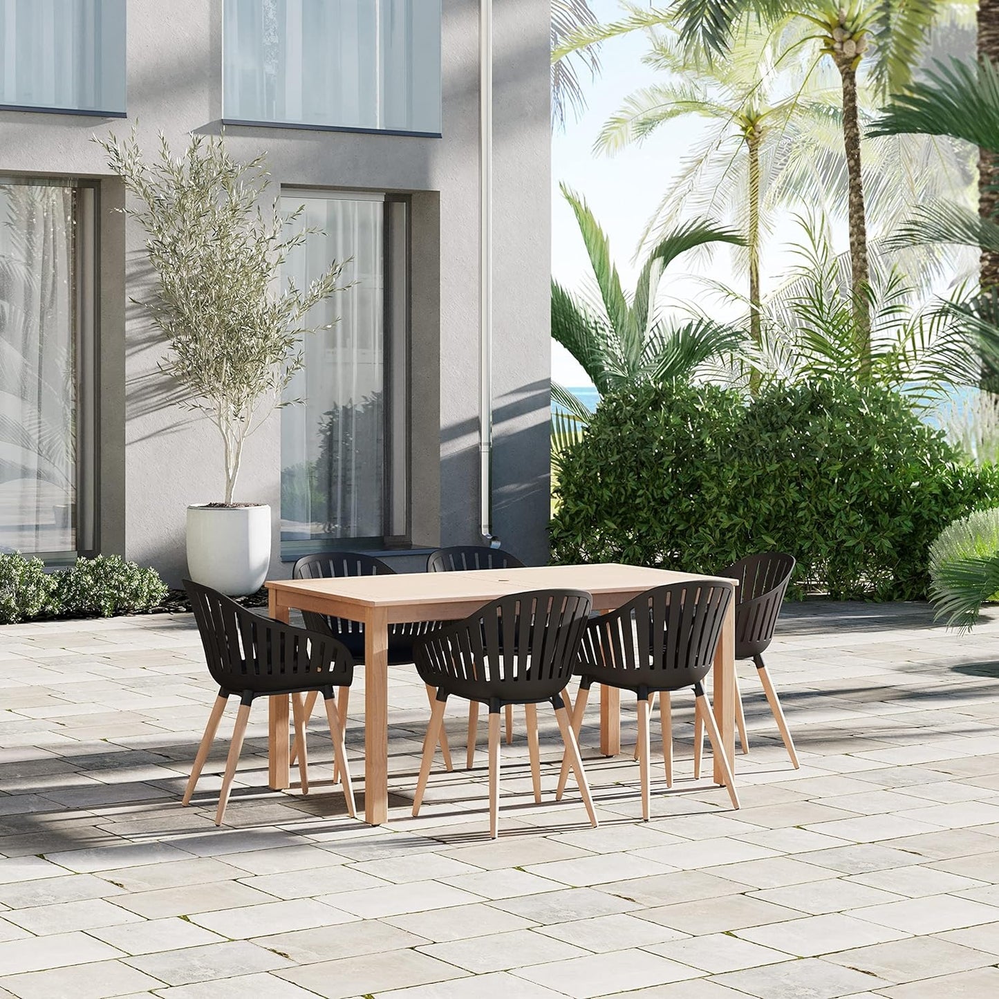 Nature Patio Set | Teak Finish, Rectangular Outdoor Dining, 7-Piece Black