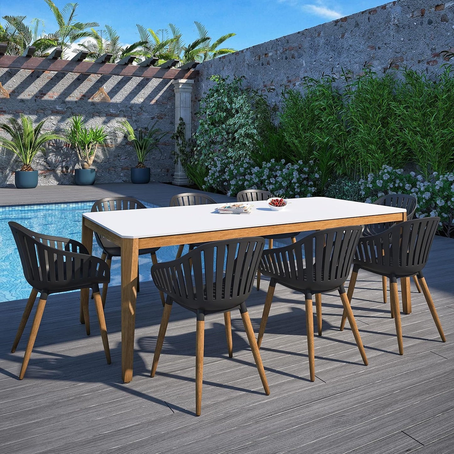 Vent Patio Chairs | Teak Finish, Black Resin Seat | Outdoor Dining, Indoors (Black, 4-Piece)
