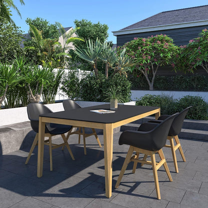 Teak Finish 100% FSC Eucalyptus Wood | Backyard Furniture, Outside Table and Chairs, Rectangular Outdoor Dining Set, 5-Piece Black