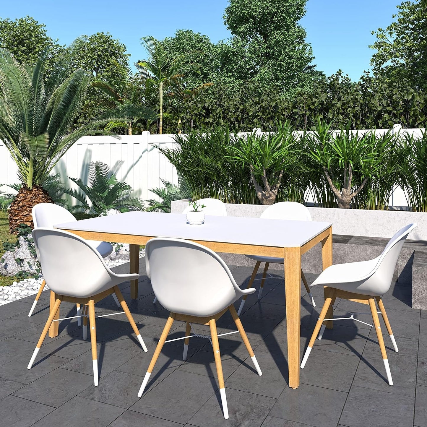 Eaux Patio Chairs | Teak Finish, White Resin Seat | Outdoor Dining, Indoors (Side Chair, 4-Piece)