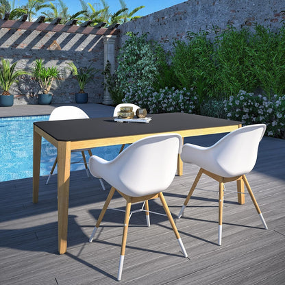 Teak Finish 100% FSC Eucalyptus Wood | Backyard Furniture, Outside Table and White Chairs, Rectangular Outdoor Dining Set, 5-Piece Black