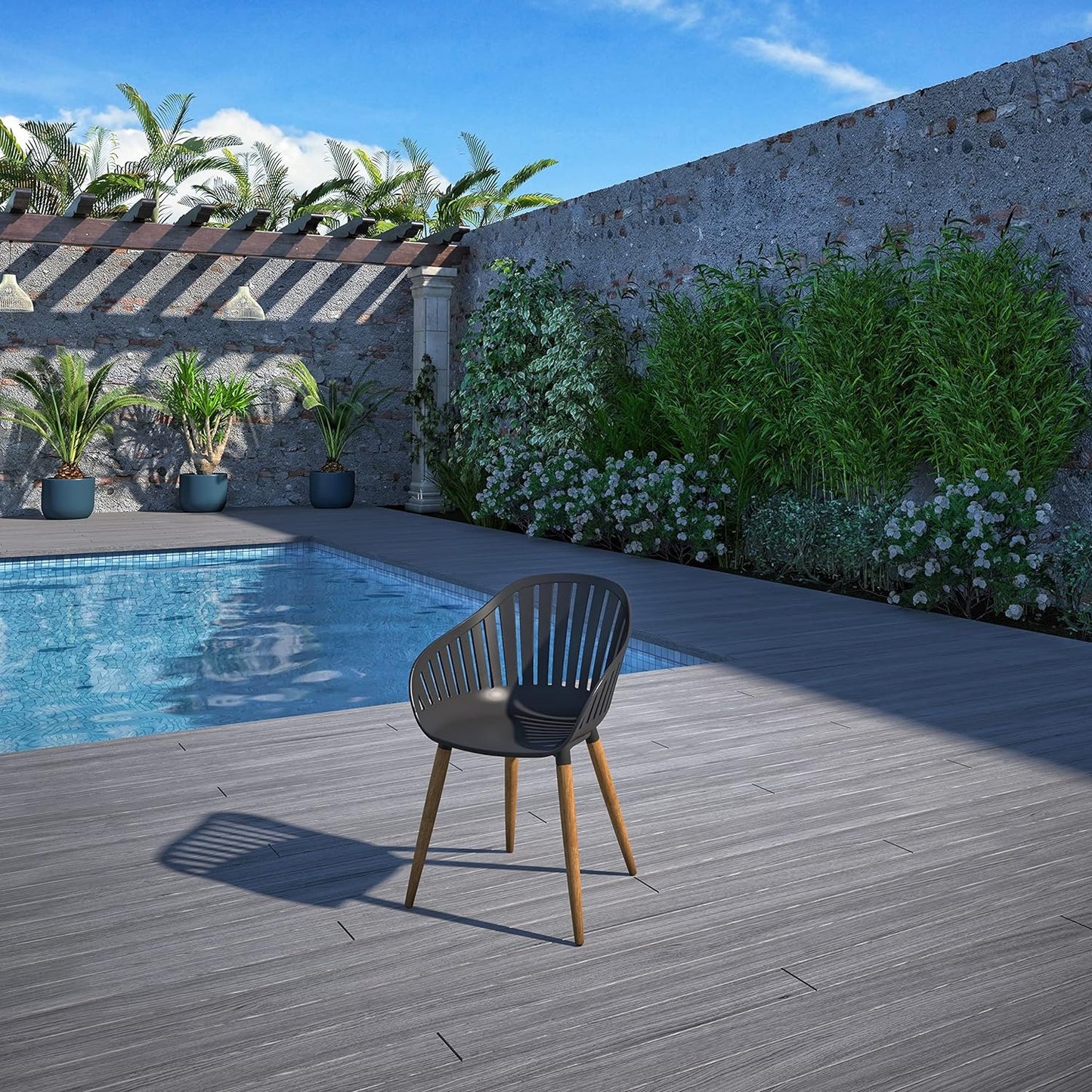 Vent Patio Chairs | Teak Finish, Black Resin Seat | Outdoor Dining, Indoors (Black, 4-Piece)