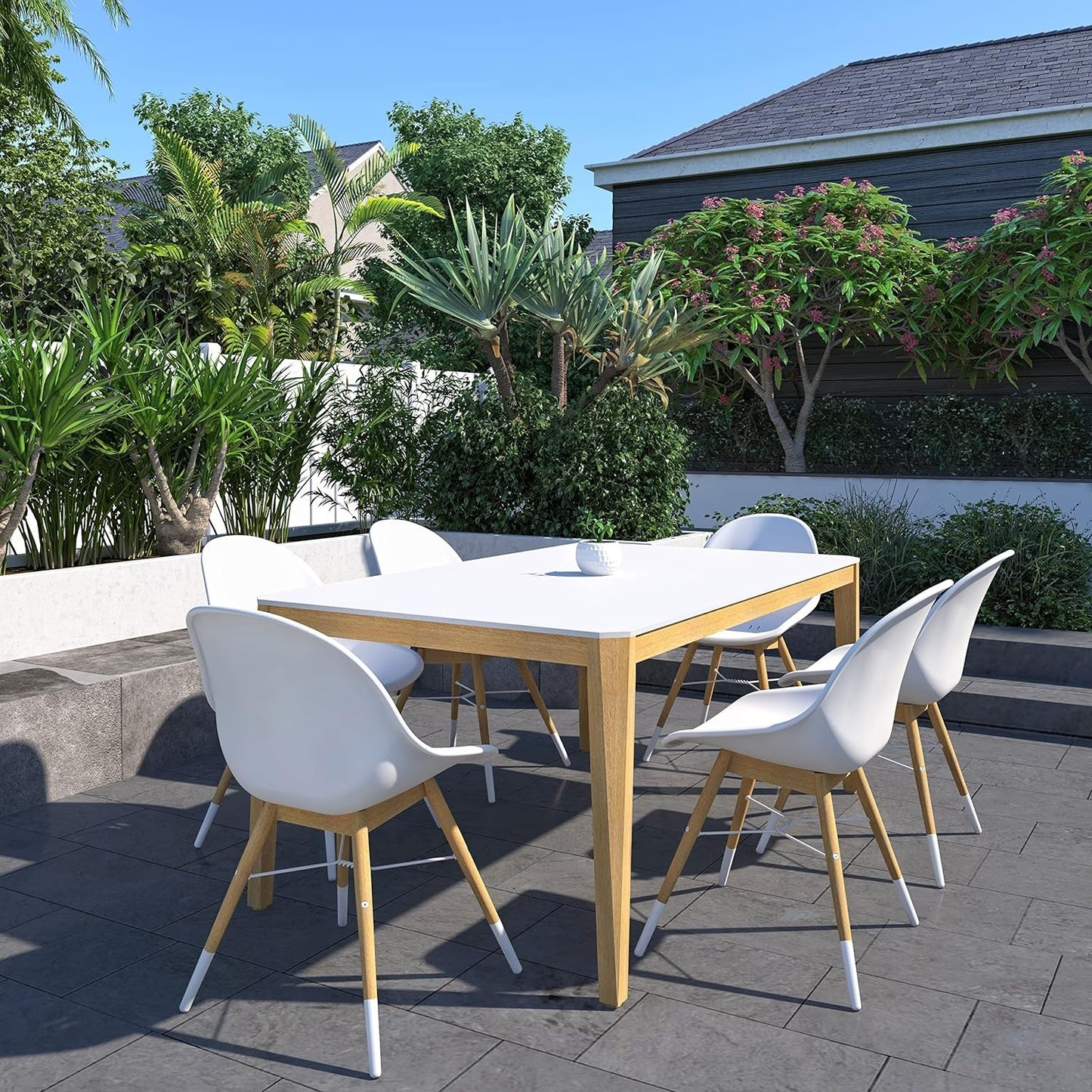 Eaux Patio Chairs | Teak Finish, White Resin Seat | Outdoor Dining, Indoors (Side Chair, 2-Piece)