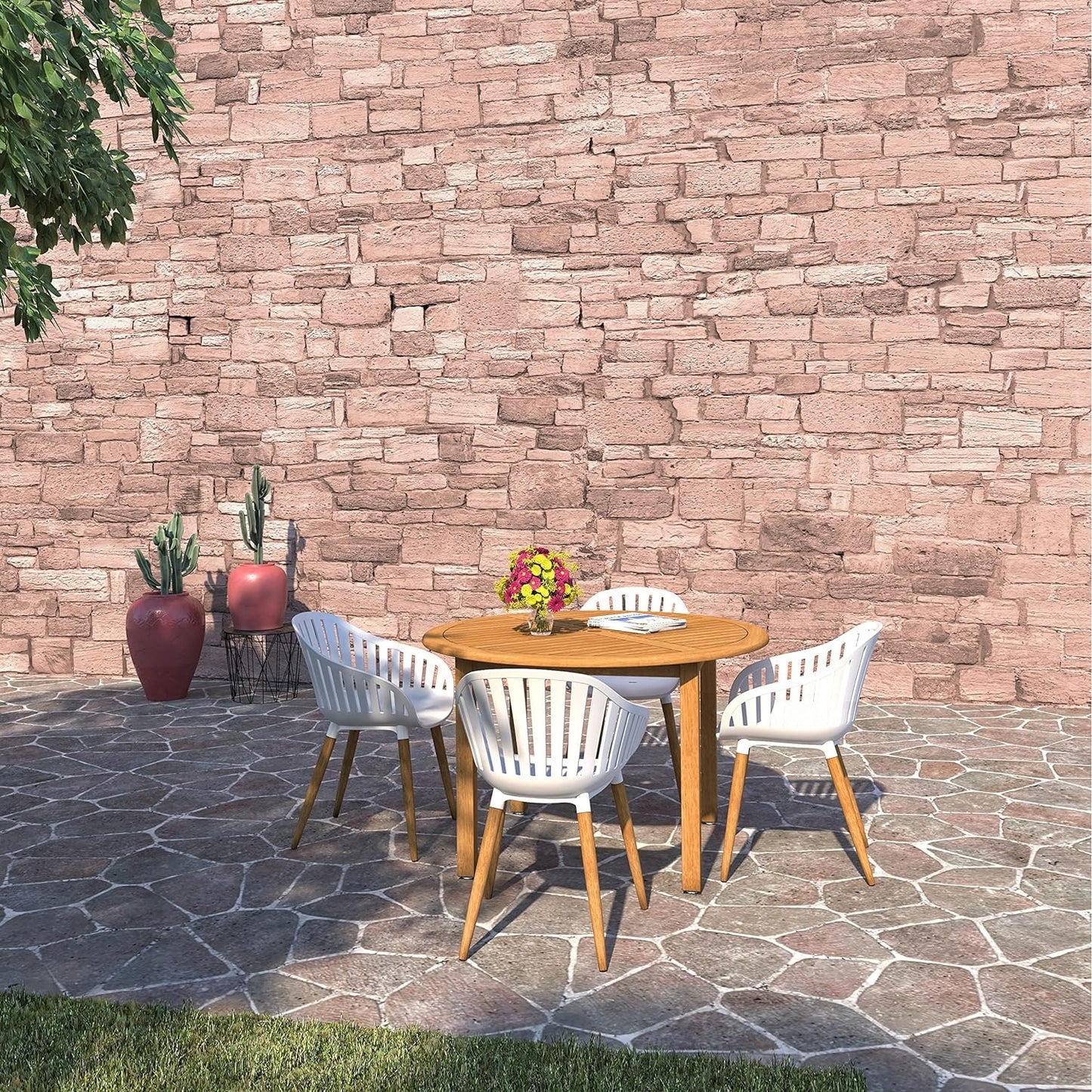 Nature 5-Piece Wood Patio Set | Teak Finish, Outdoor Dining, Patio Dining Set for 4 (White)