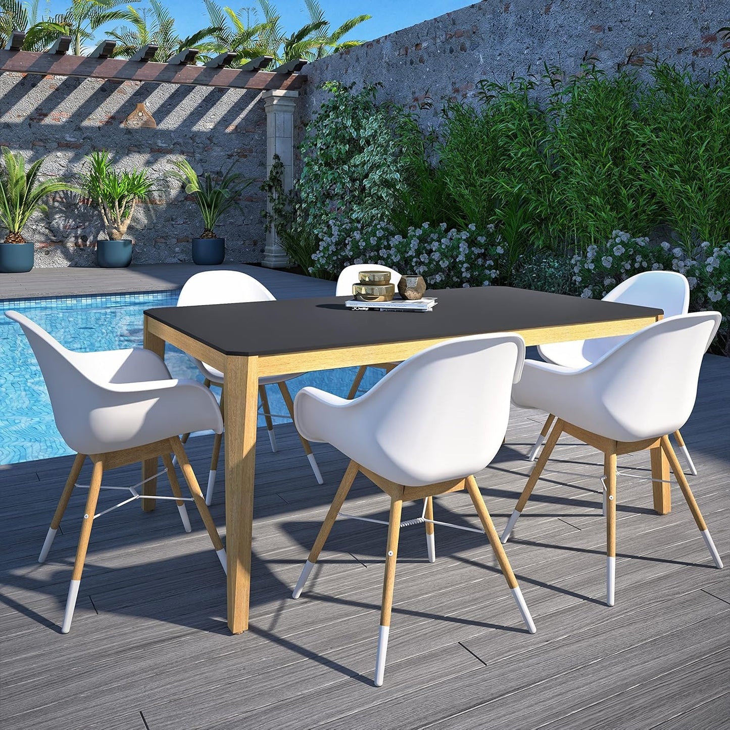 Teak Finish 100% FSC Eucalyptus Wood | Backyard Furniture, Outside Table and White Chairs, Rectangular Outdoor Dining Set, 7-Piece Black