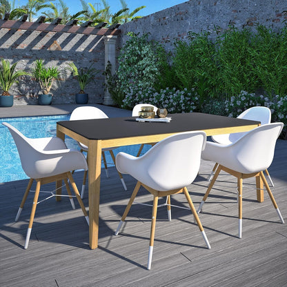 Teak Finish 100% FSC Eucalyptus Wood | Backyard Furniture, Outside Table and White Chairs, Rectangular Outdoor Dining Set, 7-Piece Black