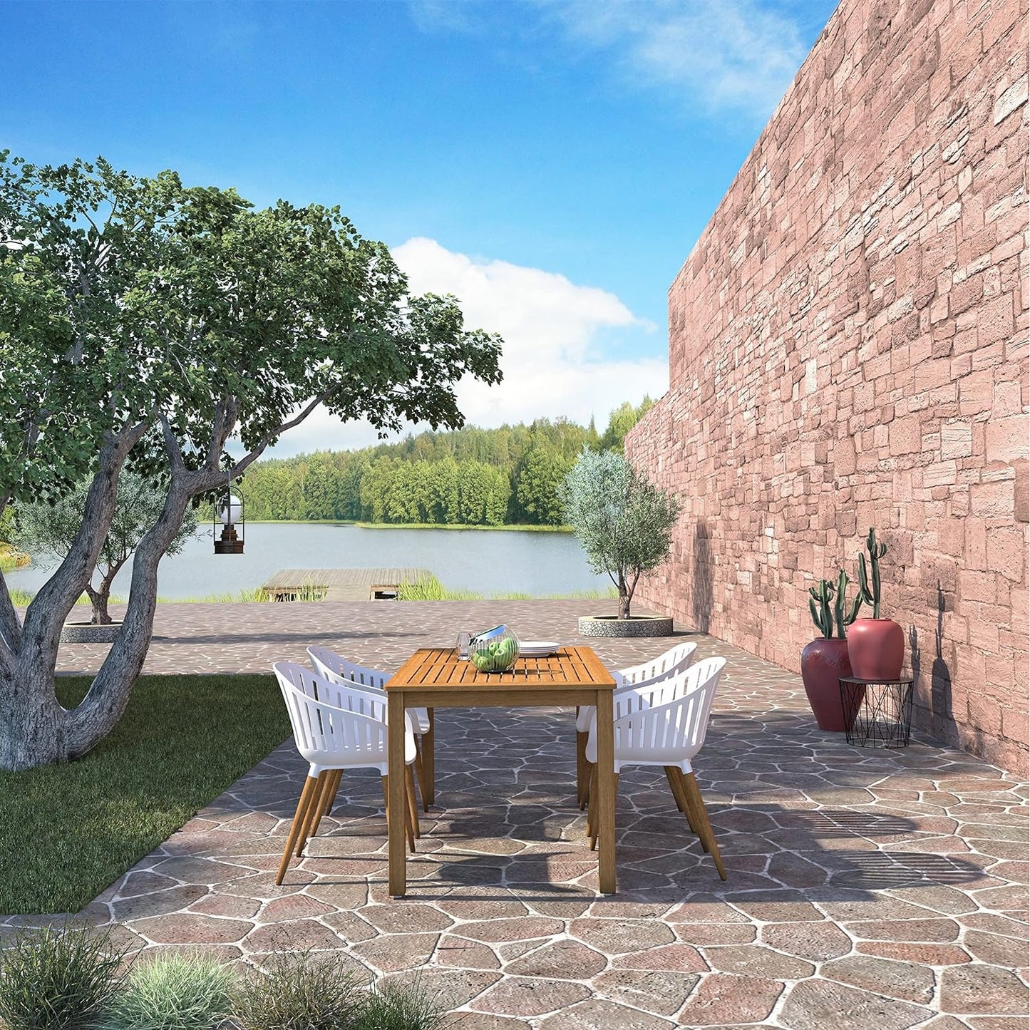 Nature Patio Set | Teak Finish, Rectangular Outdoor Dining, 5-Piece White