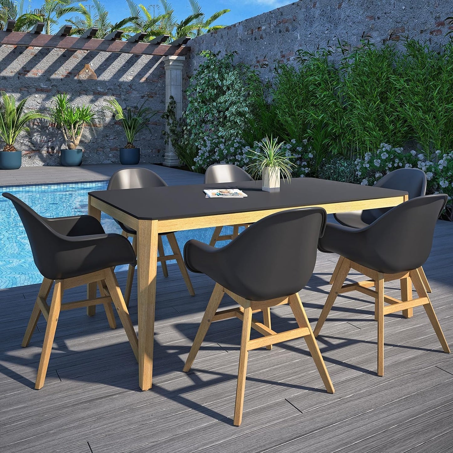 Teak Finish 100% FSC Eucalyptus Wood | Backyard Furniture, Outside Table and Chairs, Rectangular Outdoor Dining Set, 7-Piece Black