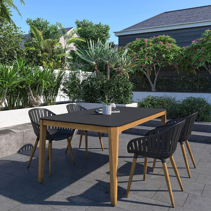 Teak Finish 100% FSC Eucalyptus Wood | Backyard Furniture, Outside White Table and Chairs, Rectangular Outdoor Dining Set, 5-Piece Black