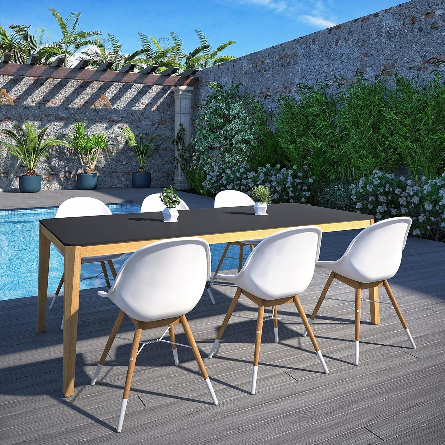 Eaux Patio Chairs | Teak Finish, White Resin Seat | Outdoor Dining, Indoors (Side Chair, 4-Piece)