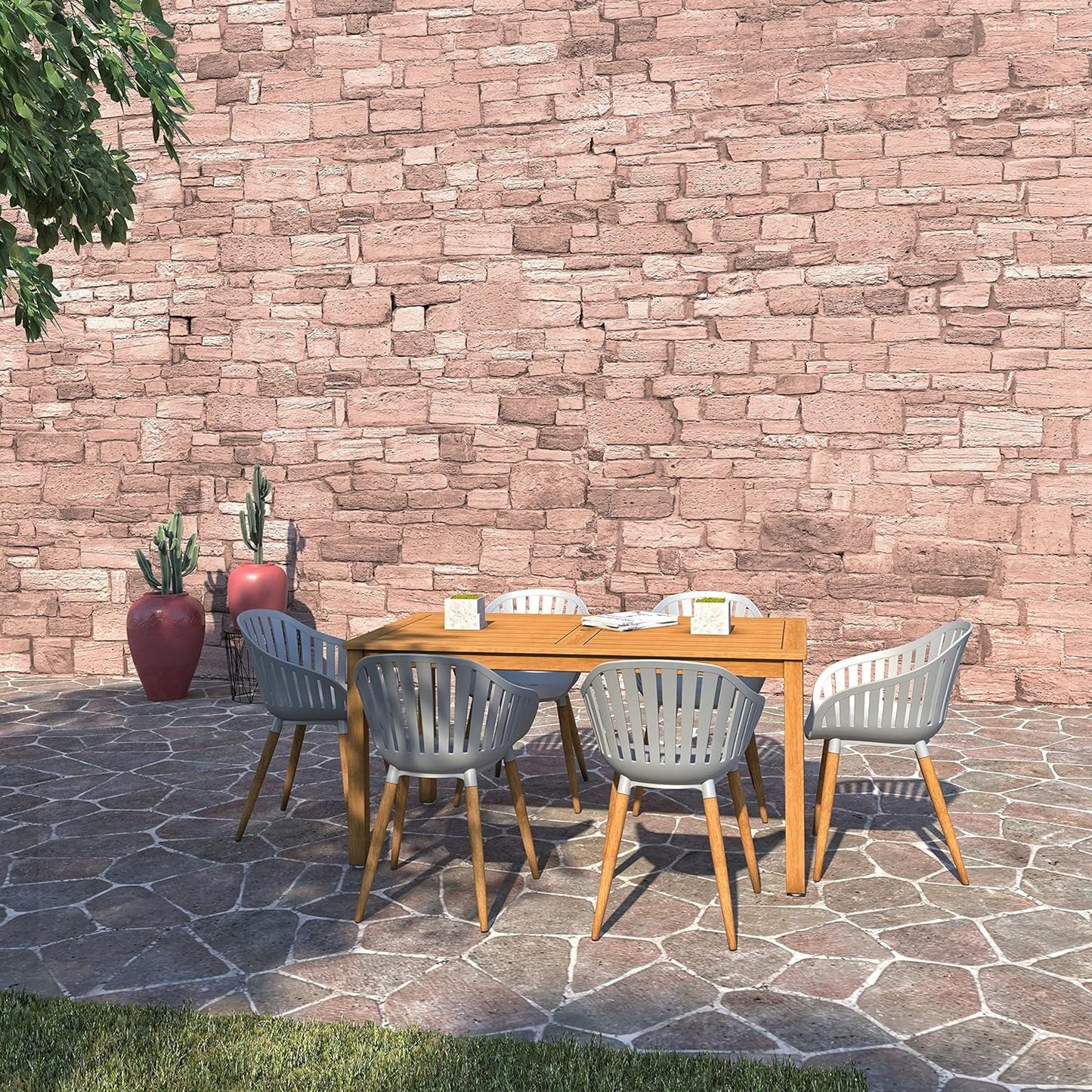 Nature Patio Set | Teak Finish, Rectangular Outdoor Dining, 7-Piece Grey