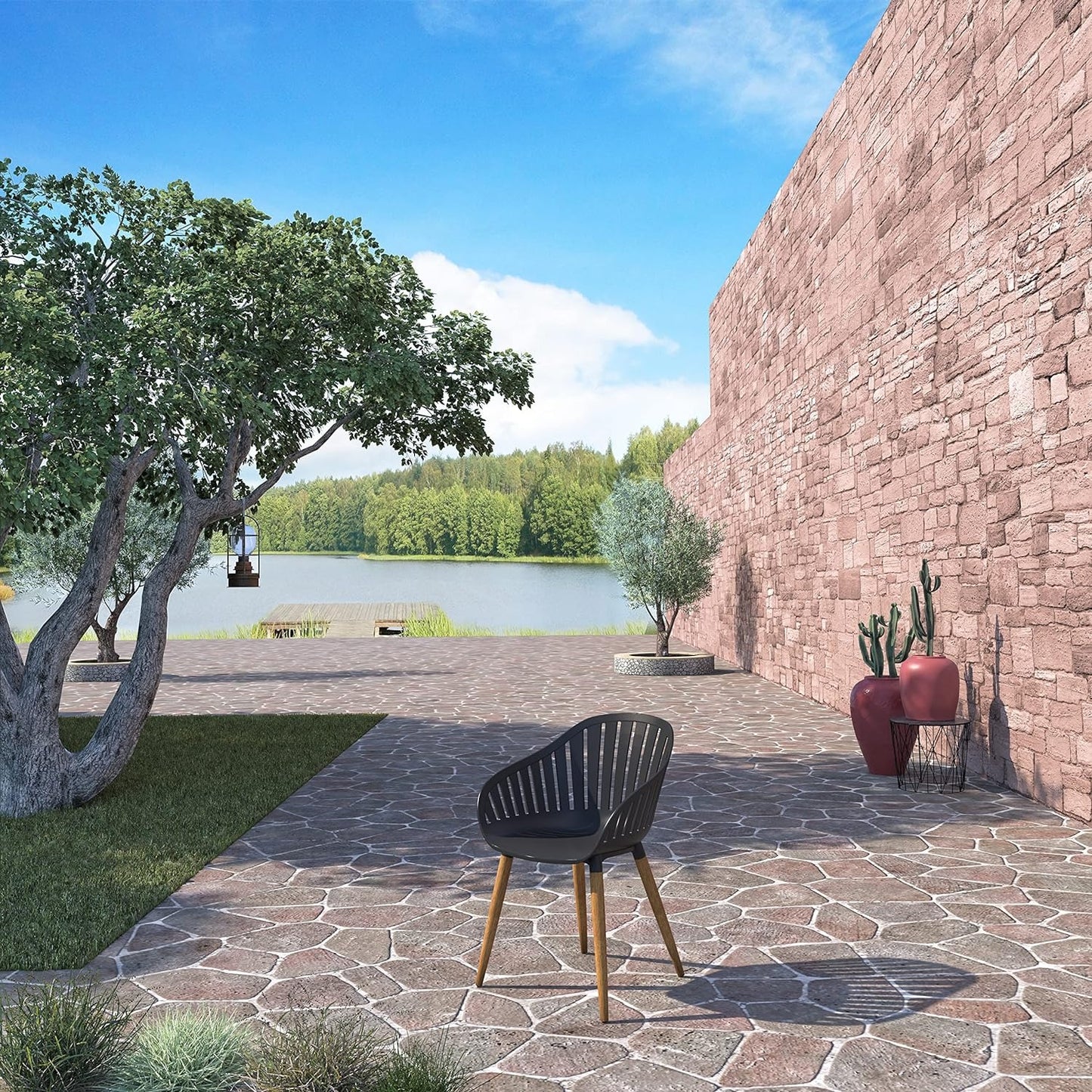 Vent Patio Chairs | Teak Finish, Black Resin Seat | Outdoor Dining, Indoors (Black, 4-Piece)