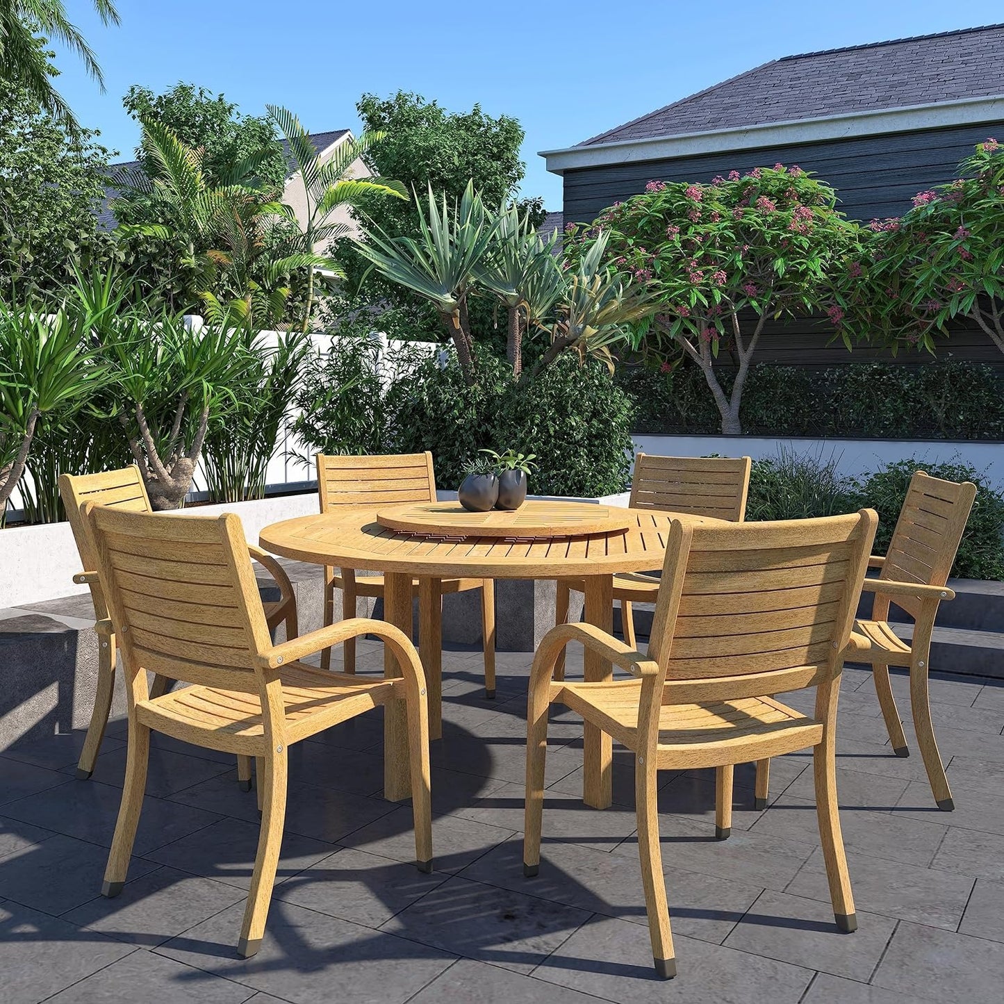 Powell 7-Piece Wood Patio Set | Round Teak Finish Table, Ideal Outdoors, Brown