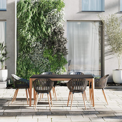 Teak Finish 100% FSC Eucalyptus Wood | Backyard Furniture, Outside White Table and Chairs, Rectangular Outdoor Dining Set, 7-Piece