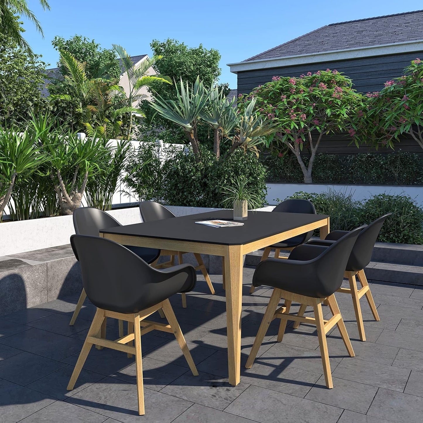 Teak Finish 100% FSC Eucalyptus Wood | Backyard Furniture, Outside Table and Chairs, Rectangular Outdoor Dining Set, 7-Piece Black