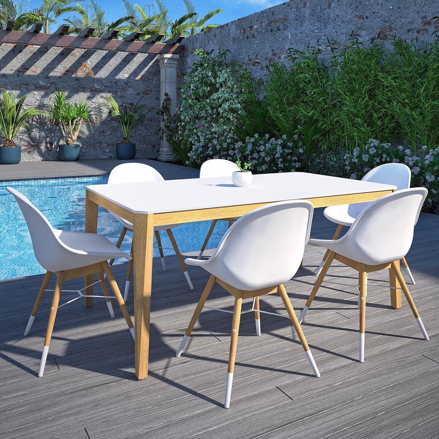 Eaux Patio Chairs | Teak Finish, White Resin Seat | Outdoor Dining, Indoors (Side Chair, 4-Piece)
