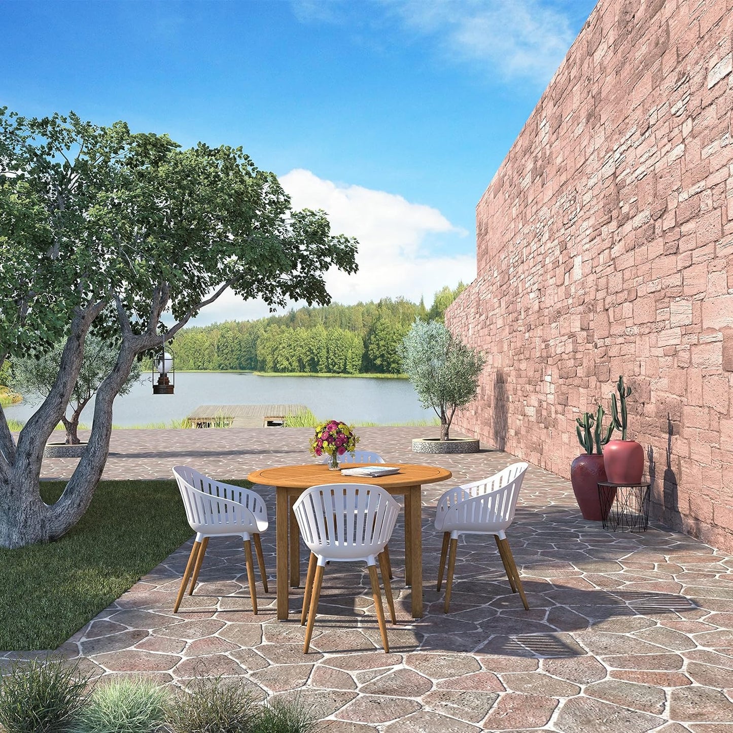 Vent Patio Chairs | Teak Finish, White Resin Seat | Outdoor Dining, Indoors (White, 4-Piece)