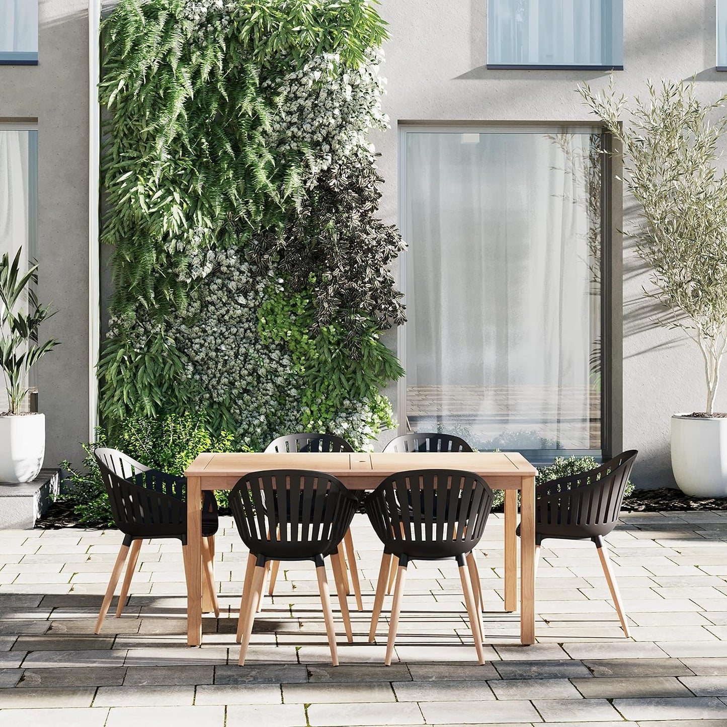 Patio Chairs | Teak Finish, Black Resin Seat | Outdoor Dining