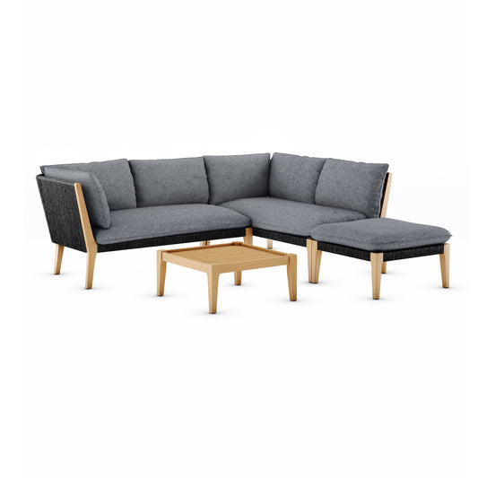 Kentucky 5-Piece Patio Sectional Set | Teak Finish, Weather Resistant Black Cushions