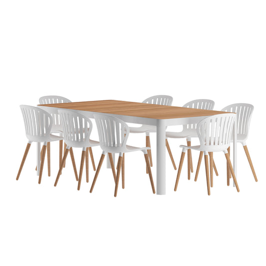 Ideal for Patio and Outdoors, White Chairs Leccio 9-Piece Rectangular Dining Set | Eucalyptus Wood