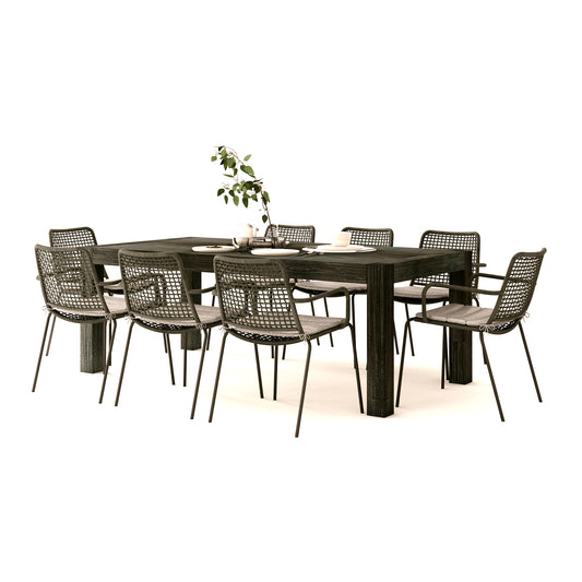 9-Piece Patio Rectangular Table Set | Eucalyptus Wood | Ideal for Indoors, Black