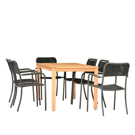 Eternal Patio Set | Teak Finish, Aluminum Chairs | Outdoor Dining, 7-Piece Black