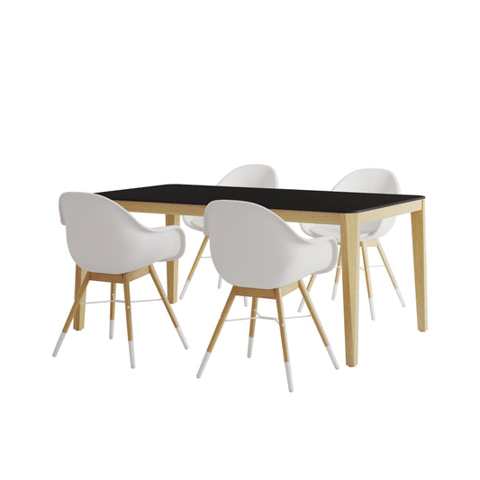 Teak Finish 100% FSC Eucalyptus Wood | Backyard Furniture, Outside Table and White Chairs, Rectangular Outdoor Dining Set, 5-Piece Black