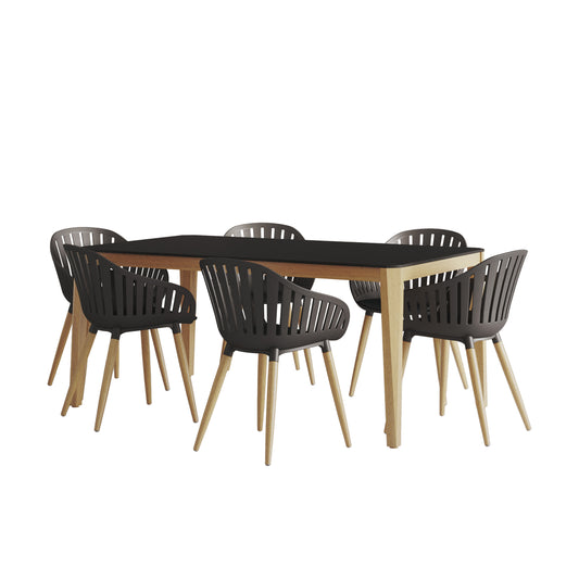 Teak Finish 100% FSC Eucalyptus Wood | Backyard Furniture, Outside White Table and Chairs, Rectangular Outdoor Dining Set, 7-Piece
