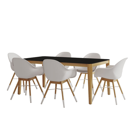 Teak Finish 100% FSC Eucalyptus Wood | Backyard Furniture, Outside Table and White Chairs, Rectangular Outdoor Dining Set, 7-Piece Black