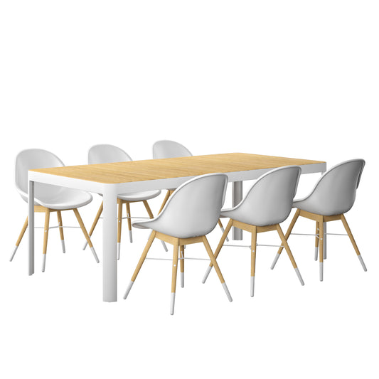 Biscayne 9-Piece Rectangular Patio Dining Set | Durable Wood | White Modern Chairs
