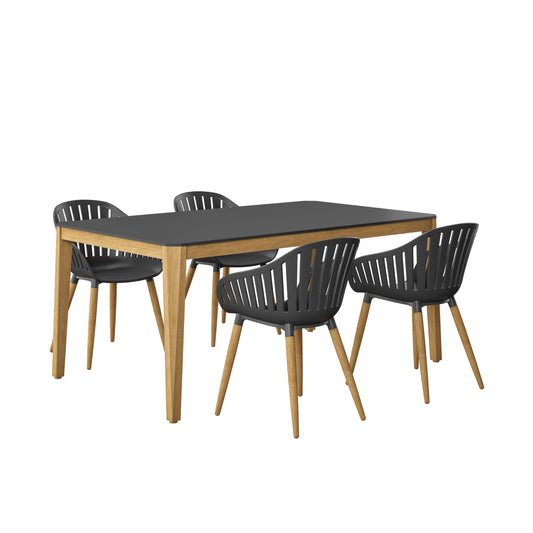 Teak Finish 100% FSC Eucalyptus Wood | Backyard Furniture, Outside White Table and Chairs, Rectangular Outdoor Dining Set, 5-Piece Black