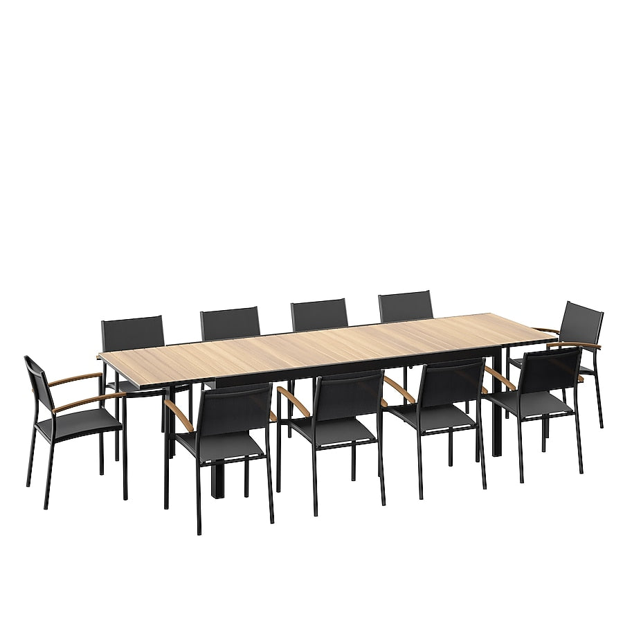 Amazonia 11-Piece Black Patio Dining Set Extendable Table Wood Rectangle Table with 10 Black Stackable Stationary and Motion Chairs