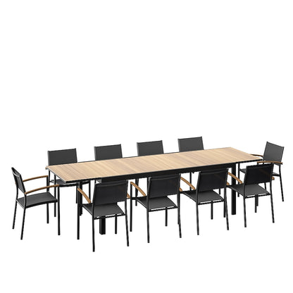 Amazonia 11-Piece Black Patio Dining Set Extendable Table Wood Rectangle Table with 10 Black Stackable Stationary and Motion Chairs