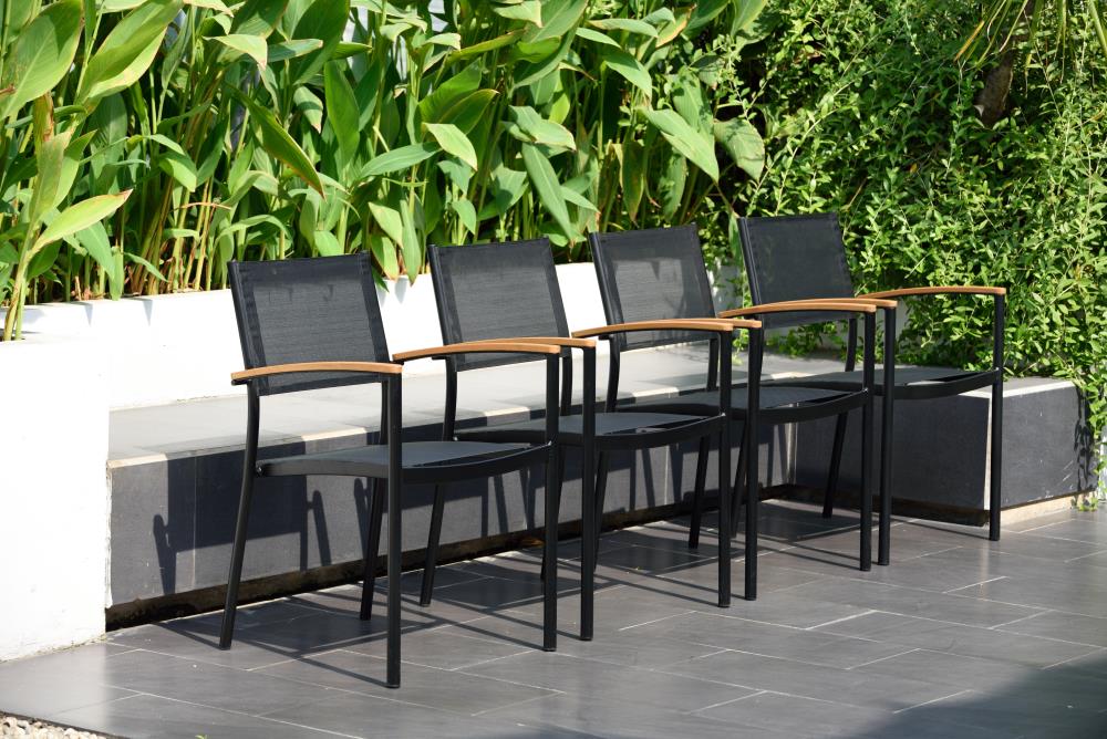 Amazonia Eucalyptus Set of 4 Stackable Teak Finish Eucalyptus Frame Stationary Conversation Chair with Black Solid Seat