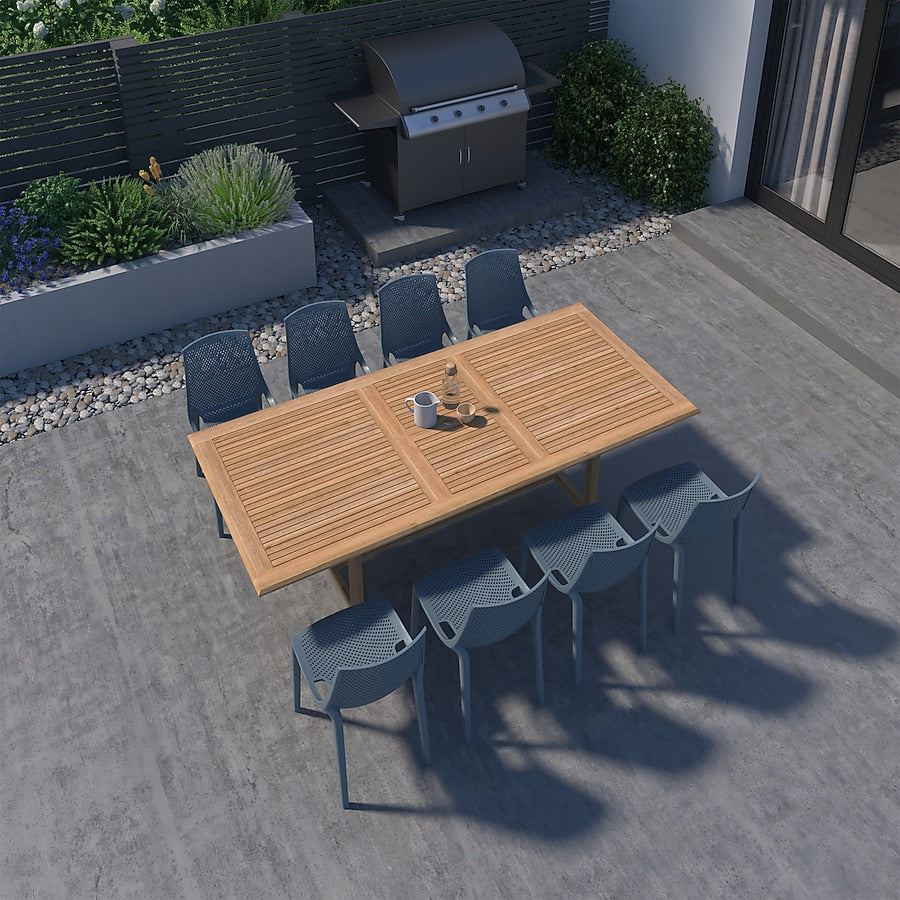 Amazonia Outdoor 9 -Piece Gray Patio Dining Set Extendable Table Teak Rectangle Table with 8 Stackable Stationary Chairs