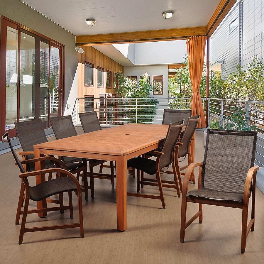 Amazonia Outdoor Eucalyptus 9 -Piece Brown Patio Dining Set Wood Rectangle Table with 8 Brown Stationary Chairs