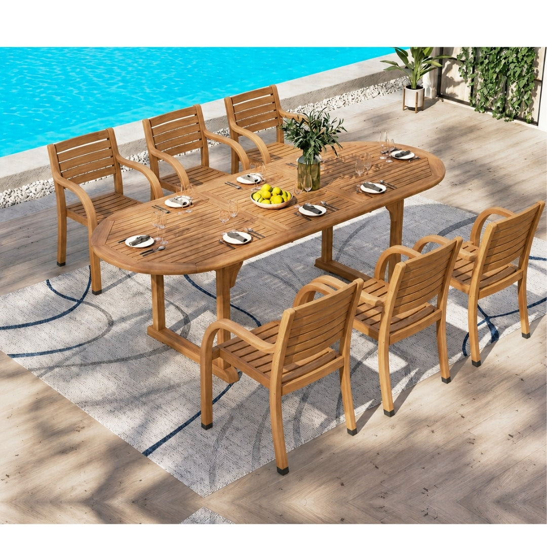 Amazonia Outdoor 7-Piece Natural Patio Dining Set Extendable Table Wood Oval Table with 6 Stackable Stationary Chairs