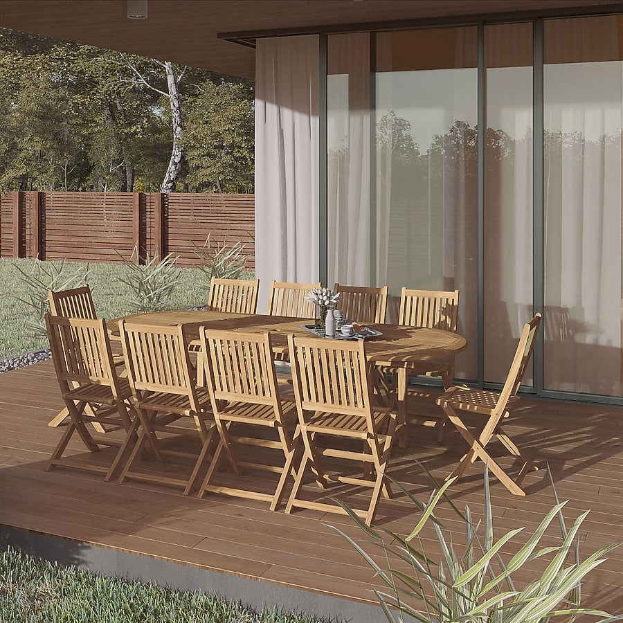 Amazonia Outdoor 11-Piece Natural Patio Dining Set Extendable Table Wood Rectangle Table with 10 Stationary Chairs