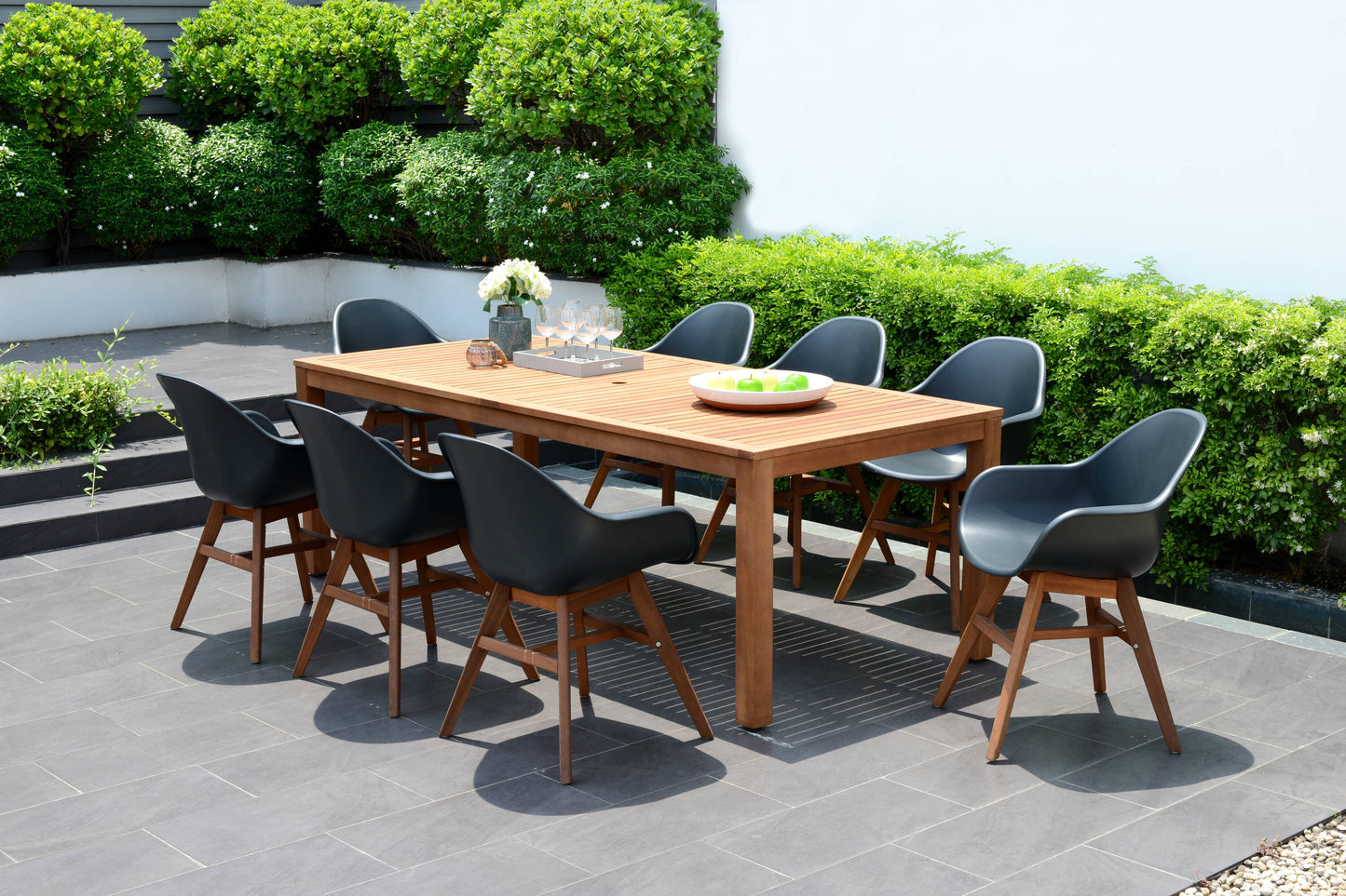 Amazonia Outdoor 9-Piece Black Patio Dining Set Wood Rectangle Table with 8 Stationary Chairs