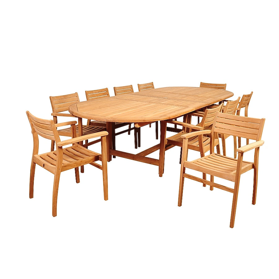 Amazonia Outdoor 11 -Piece wood Patio Dining Set Wood Oval Table with 10 Stackable Stationary and Motion Chairs