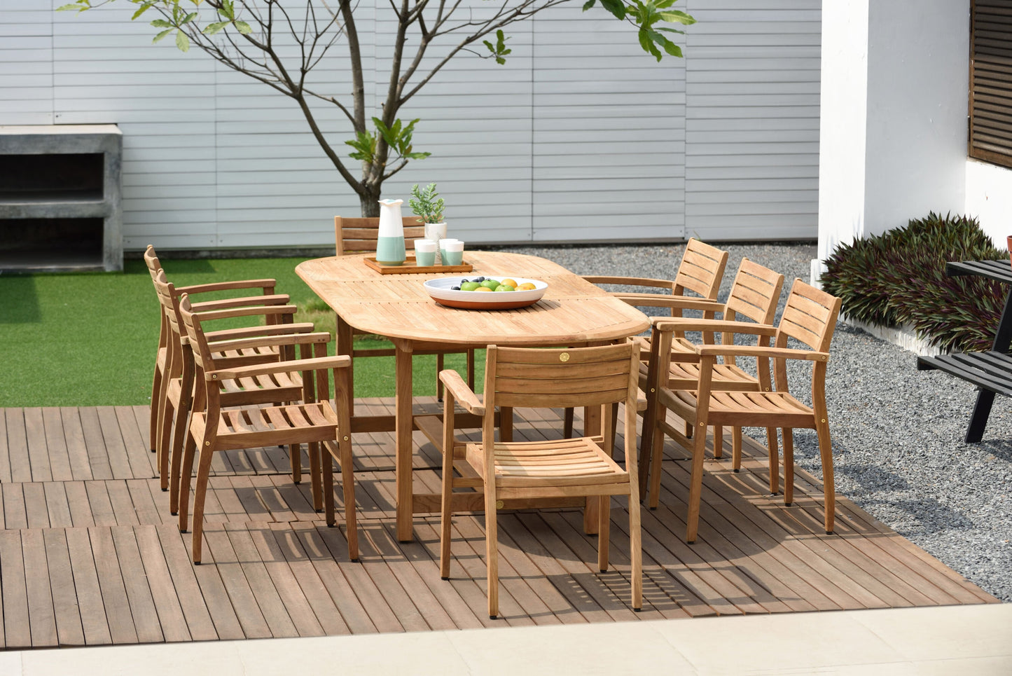 Amazonia Teak 9-Piece Natural Patio Dining Set Extendable Table Wood Oval Table with 8 Stackable Stationary Chairs