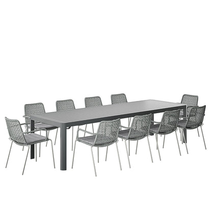 Amazonia 11-Piece Gray Patio Dining Set Extendable Table Aluminum Rectangle Table with 10 Stationary and Motion Chairs