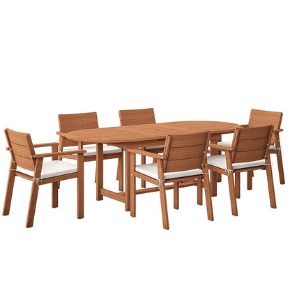Amazonia Outdoor 7-Piece Natural Patio Dining Set Extendable Table Wood Oval Table with 6 Cushions Stationary Chairs