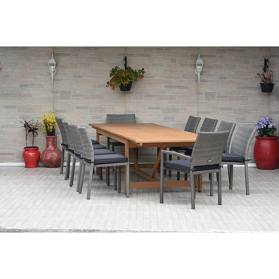 Amazonia Outdoor 11 -Piece Brown Wicker Patio Dining Set Extendable Table Wood Rectangle Table with 10 Cushions Stackable Stationary Chairs