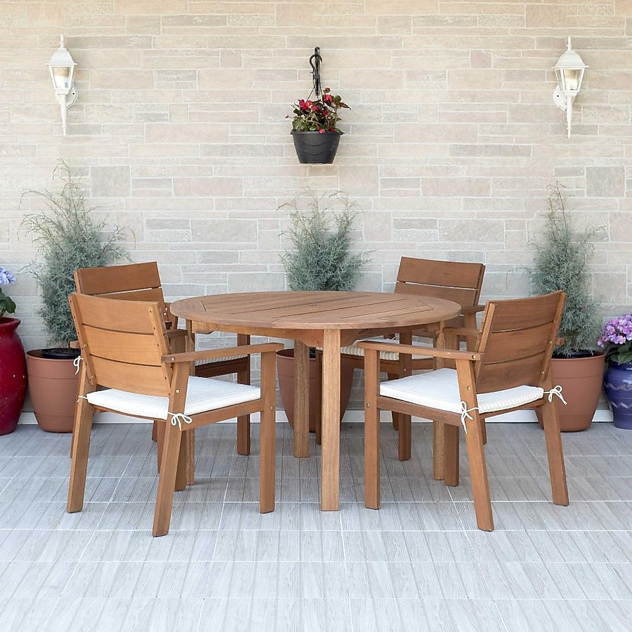 Amazonia Amazonia 5 -Piece Natural Patio Dining Set Wood Round Table with 4 Cushions Stationary Chairs