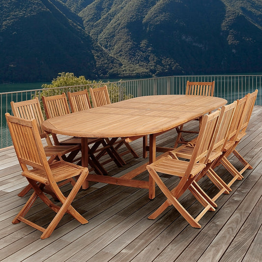 Amazonia Outdoor 11 -Piece Pale Patio Dining Set Wood Rectangle Table with 4 Stackable Stationary Chairs and Umbrella Included