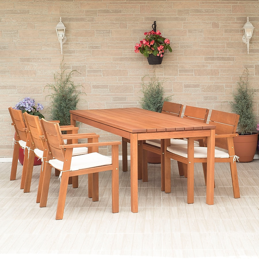 Amazonia 9 -Piece Brown Patio Dining Set Eucalyptus Rectangle Table with 8 Brown Cushions Stationary Chairs