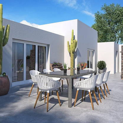 Amazonia 9-Piece Grey Wicker Patio Dining Set Wicker Rectangle Table with 8 Stationary Chairs