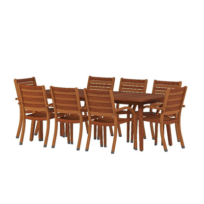 Amazonia 9 -Piece Wood finish Patio Dining Set Wood Rectangle Table with 8 Brown Stationary Chairs