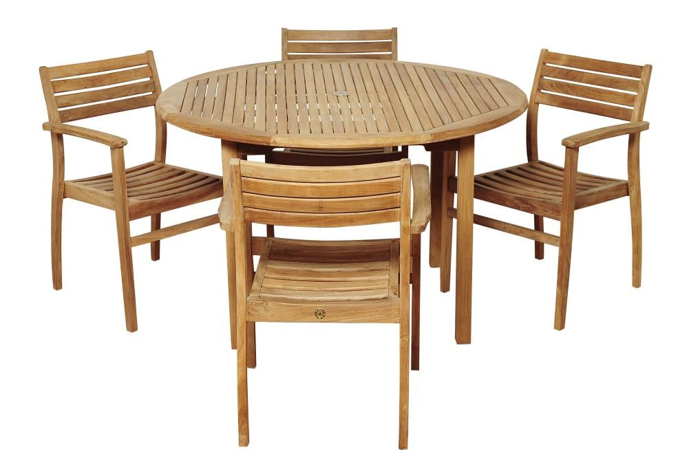 Amazonia 5-Piece Brown Patio Dining Set Wood Round Table with 4 Stationary Chairs